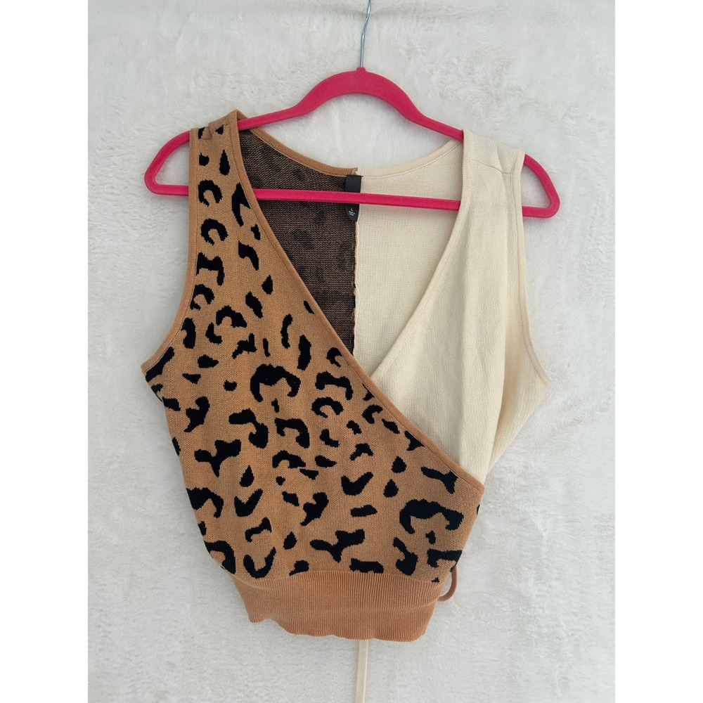 ALAYA Leopard Print Colorblock Wrap Knit Top Sleeveless V-Neck Cotton Large‎